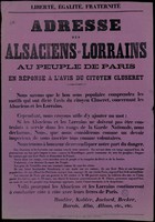 Affiche de la Commune de Paris 1871 - Adresse des Alsaciens-Lorrains aux Peuple de Paris en réponse à Cluseret (source : La Contemporaine – Nanterre / argonnaute.parisnanterre.fr)
